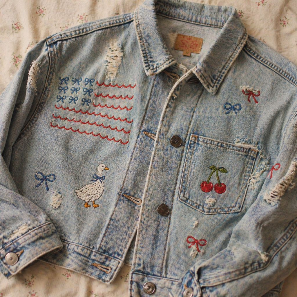 One-of-One Embroidered Vintage Denim Jacket | 4th of July Americana Custom Distressed Jacket | Pre-Order