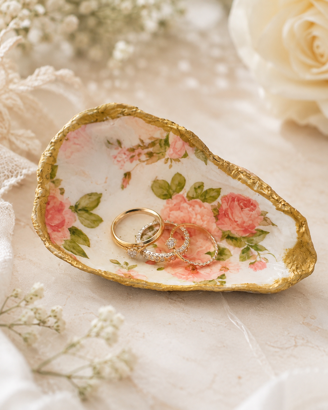 Handmade Floral Oyster Shell Trinket Dishes | Wedding & Shower Favors